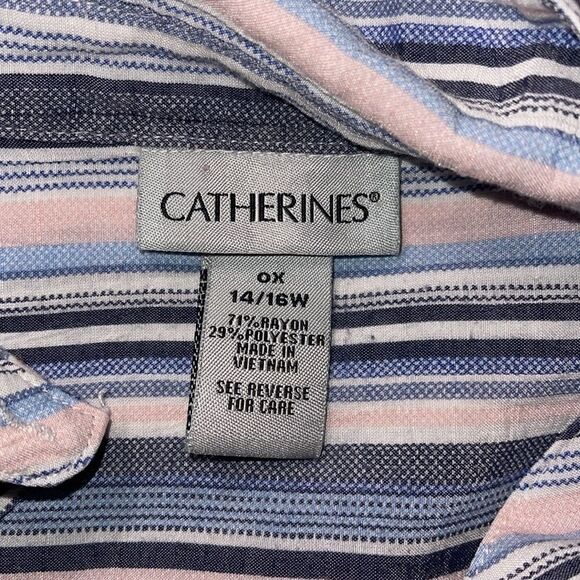 CATHERINES 0X 14/16W Plus Button Front Striped Shirt Tie Sleeve Pink Blue - Picture 3 of 4